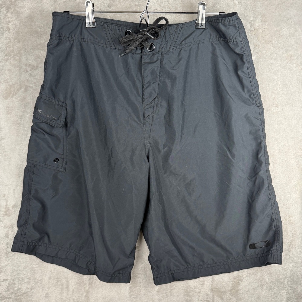 Oakley Mens‎ Black Board Shorts Size 34 Cargo Pocket Swim Trunks Lace Up Front